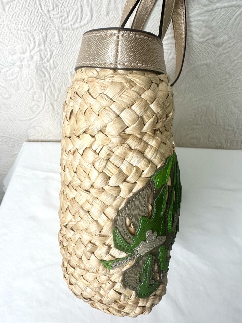 Michael Kors Cecelia Straw Tote with Green Leaf Appliqués and Gold Leather Trim - Picture 6 of 16